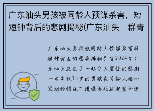 广东汕头男孩被同龄人预谋杀害，短短钟背后的悲剧揭秘(广东汕头一群青少年深夜持刀斗殴)