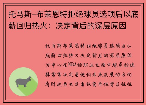 托马斯-布莱恩特拒绝球员选项后以底薪回归热火：决定背后的深层原因