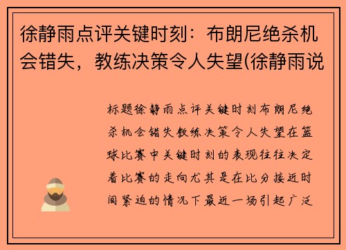 徐静雨点评关键时刻：布朗尼绝杀机会错失，教练决策令人失望(徐静雨说蓝网)