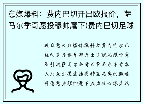 意媒爆料：费内巴切开出欧报价，萨马尔季奇愿投穆帅麾下(费内巴切足球俱乐部是哪个国家的)