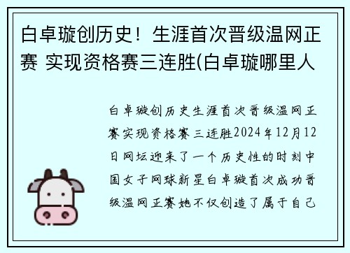 白卓璇创历史！生涯首次晋级温网正赛 实现资格赛三连胜(白卓璇哪里人)