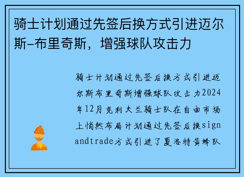 骑士计划通过先签后换方式引进迈尔斯-布里奇斯，增强球队攻击力