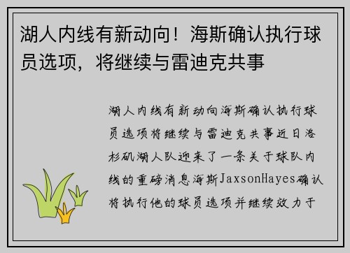湖人内线有新动向！海斯确认执行球员选项，将继续与雷迪克共事